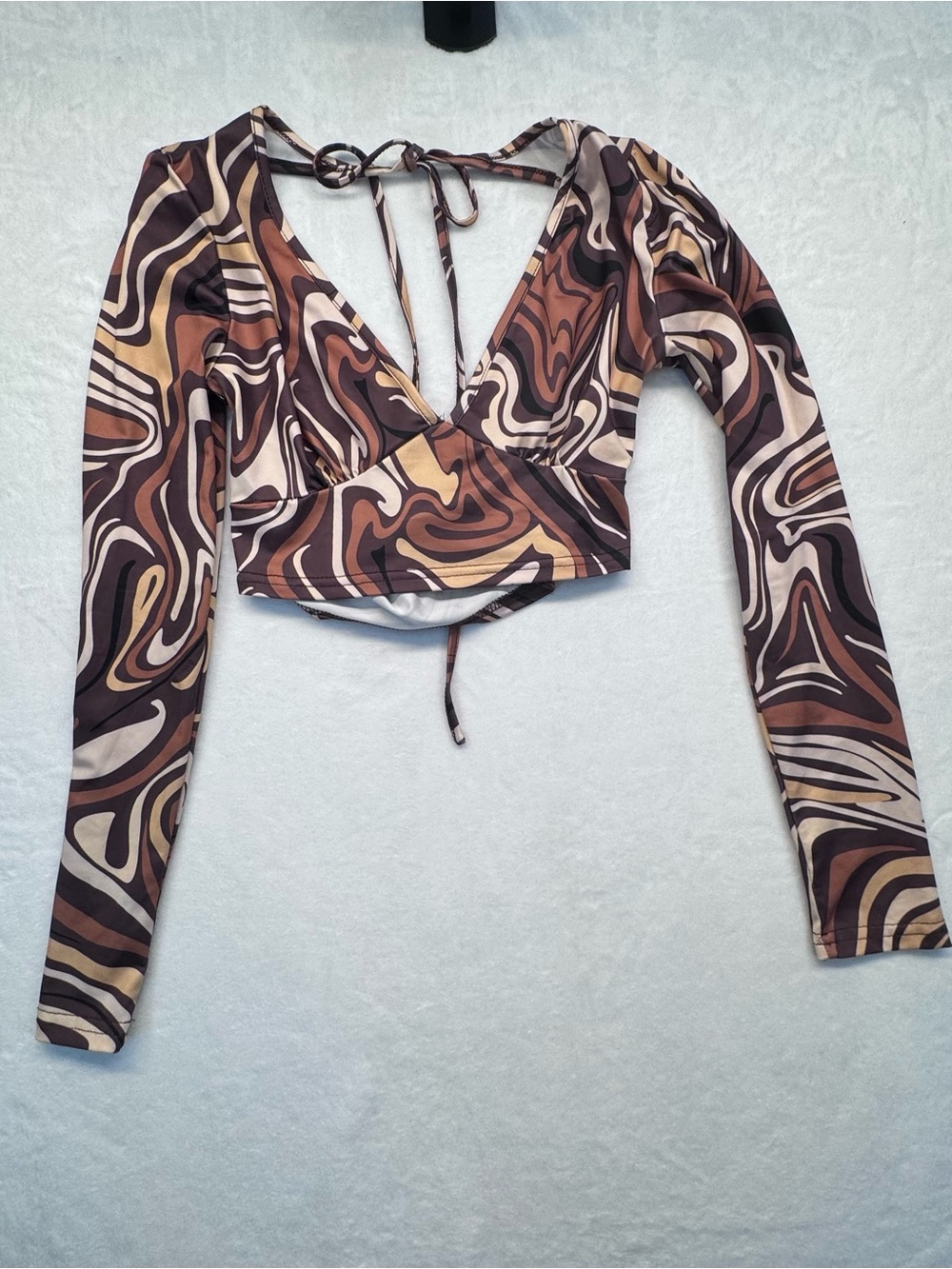 SHEIN Brown Swirl Print Long Sleeve Tie Back Crop Top XS - Picture 2 of 8